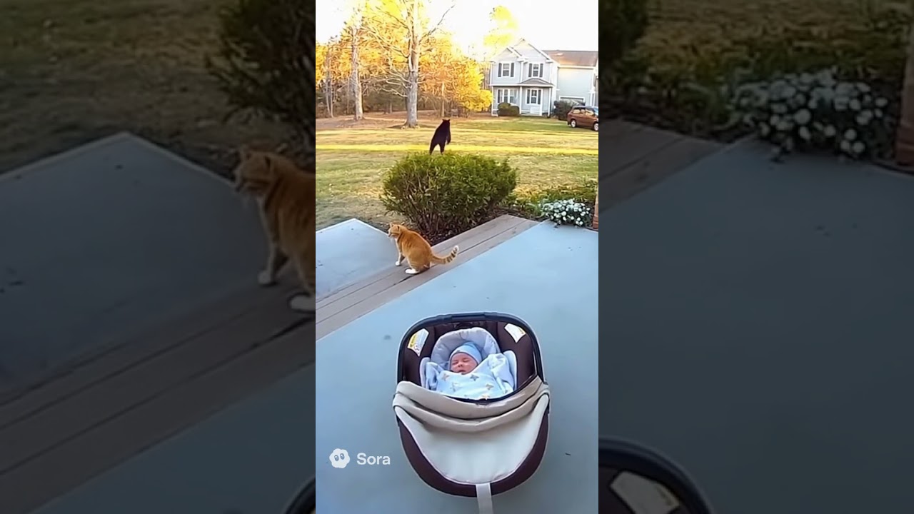 🐻 A fearless feline jumps to protect a sleeping baby from a massive bear! 