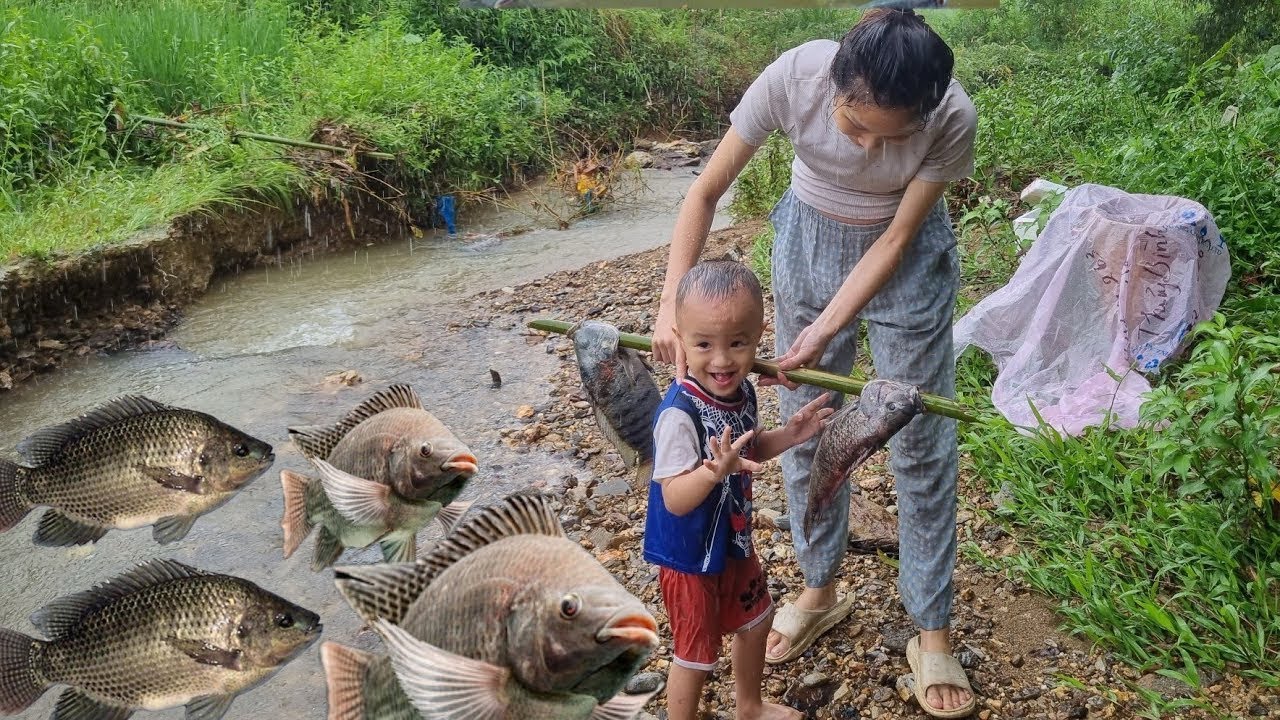 A 20-year-old girl - 2-year-old child - goes to stream and discovers a large school of fish