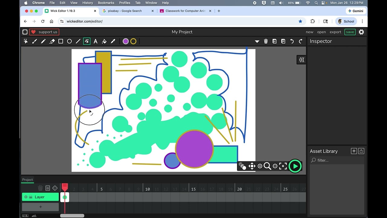 Introduction to Drawing and Shape Tools to make a Frame by Frame Animation with Wick Editor