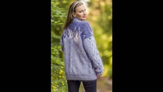 ファジーケーブルニットブルーアイスランドモヘアカーディガン バイ スーパーターニャ