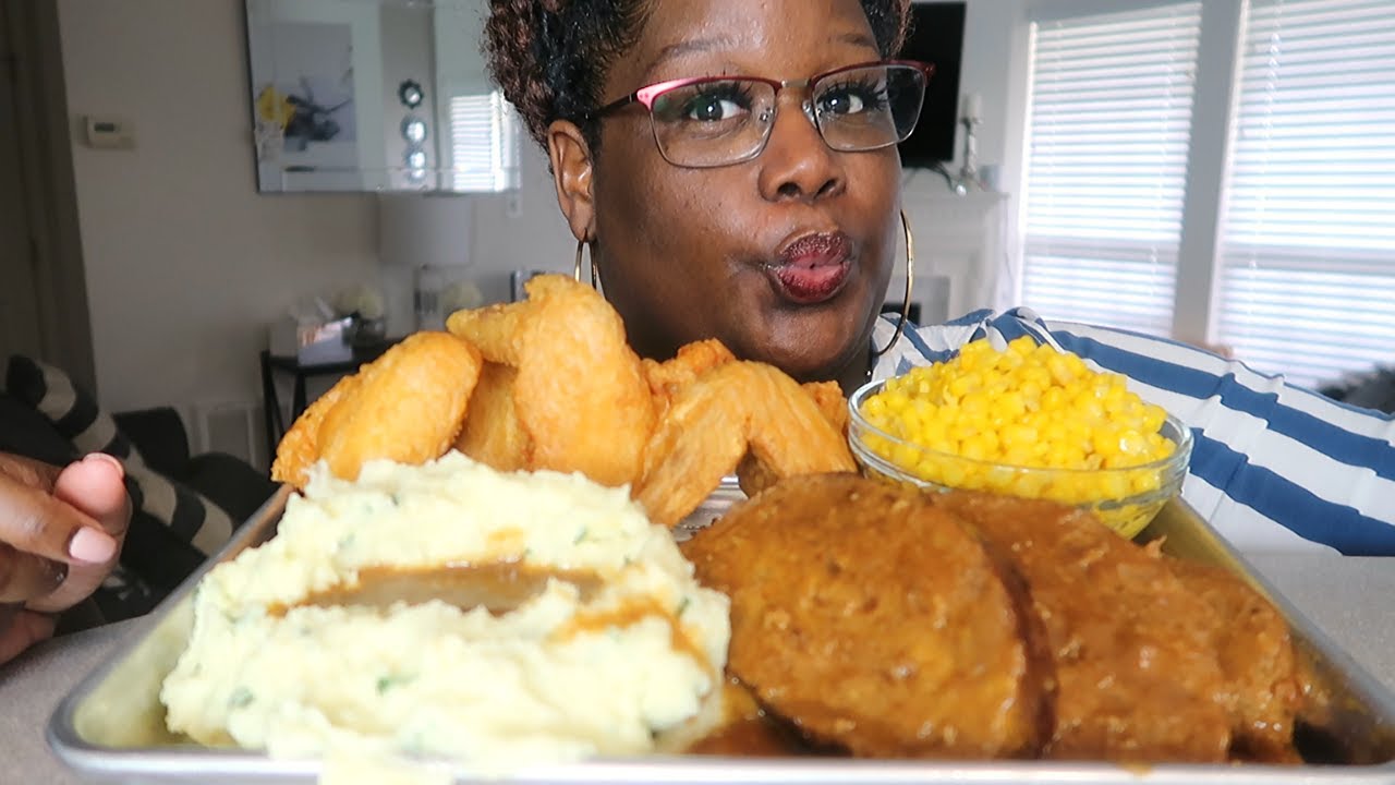SOUL FOOD MUKBANG + RECIPE MEATLOAF FRIED CHICKEN MASHED POTATOES CORN