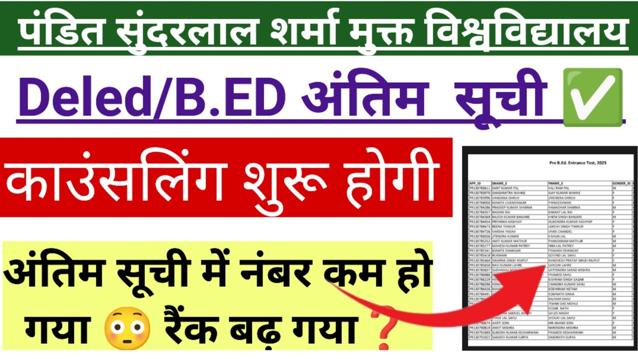Pt sundarlal Sharma pre deled/b.ed final merit list 2025 || pssou ka  counselling kab se suru hoga
