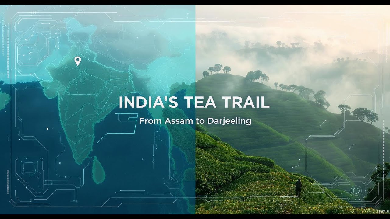 Indian tea plantation with workers harvesting leaves, cinematic wide shot