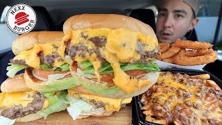 MUKBANG EATING NEXX BURGER CHEESEBURGERS CHEESY CHILLI CHEESE FRIES CRISPY ONION RINGS DONUTS ASMR