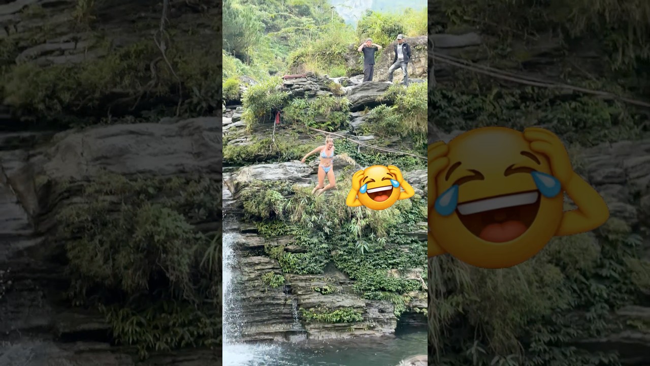 Beautiful Girls Having Fun at a Snowy Waterfall