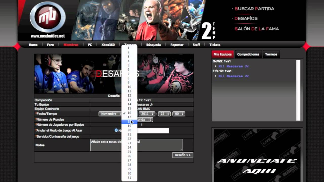 Como retar a un equipo en MexBattles.com