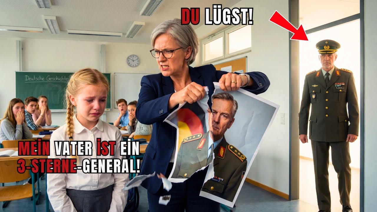 Lehrerin zerreißt Plakat: „Dein Vater ist kein General" – erstarrt, als er eintritt