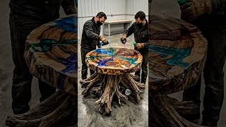 Tree Root Transformed Into Luxury Epoxy Glow Table. Wood Art Build