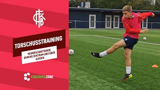 Fussballtraining: Torschusstraining mit Mehrfachaktionen durchs Zentrum und über Außen