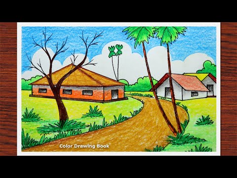 How to draw easy village scenery for beginners, Colour Pencil Drawing 2021
