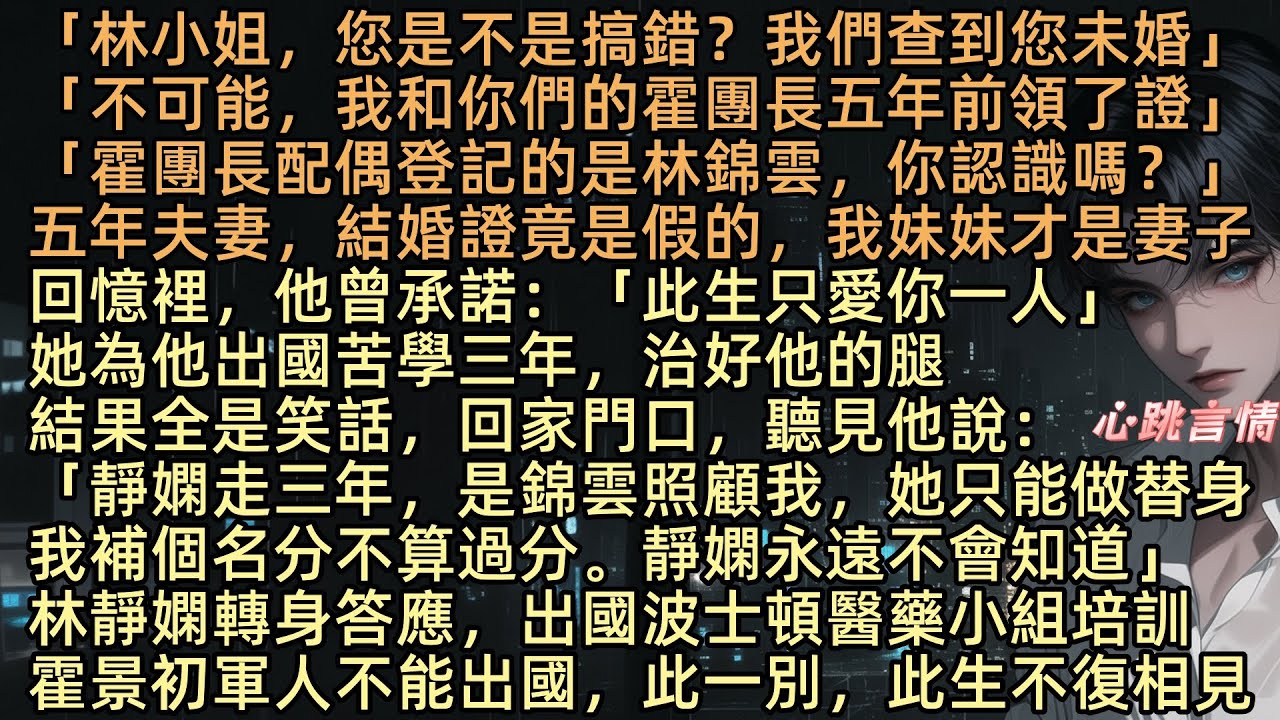 《謊言盡頭是荒蕪》結婚五年，林靜嫻寫的軍區家屬調查表忽然被打回「林小姐，您是不是搞錯？我們查到您未婚」「不可能，我和霍團長五年前領了證」「霍團長配偶是林錦雲，你認識嗎？」結婚證竟是假的，我妹妹才是妻子