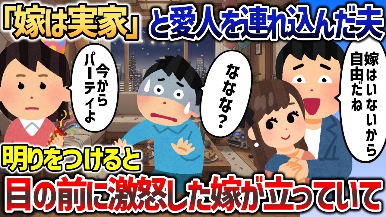 「嫁は実家ｗ」と愛人を家に連れ込む夫→リビングの明りをつけた瞬間目の前にイッチが立っていて 【2chスカッと】