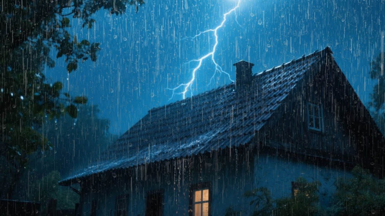 Goodbye Insomnia with Heavy Rain & Thunder Growls on a Stale Tin Roof in Foggy Murky Forest at Night