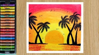 How to draw sunset scenery with oil pastel/for beginners step by step