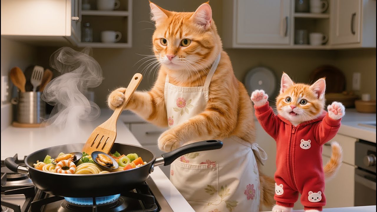 Kitten Enjoys a Delicious Stir-Fried Noodles Dinner at Home After a Cozy Day 🍜🐱