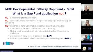 Developmental Pathway Gap Fund - whats new? webinar
This session outlines the recent changes made to the Gap Fund and provides an overview of MRC’s strategic direction moving forward.
The webinar includes a presentation from the Gap Fund programme managers, followed by a Q&A session addressing general questions about the scheme.
We are UK Research and Innovation, the UKs largest public funder of research and innovation. If youre a UK tax payer, your contributions help fund the work we showcase on our channel. And if you liked this video, follow us on these channels:
Medium: https://medium.com/@UKRI
Instagram: https://www.instagram.com/weareukri/
Facebook: https://www.facebook.com/weareUKRI
YouTube: https://youtube.com/c/UKResearchandInnovation
Or sign up for our weekly newsletter https://public.govdelivery.com/accounts/UKRI/subscriber/new?topic_id=UKRI_newsletter Developmental Pathway Gap Fund - whats new? webinar
