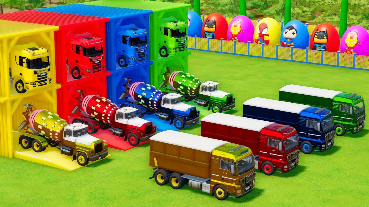 Garage with Colors - ALL MIXER TRUCK WITH DOUBLE FLATBED TRAILER TRUCK, SCANIA, MACK, MAN, PETERBILT