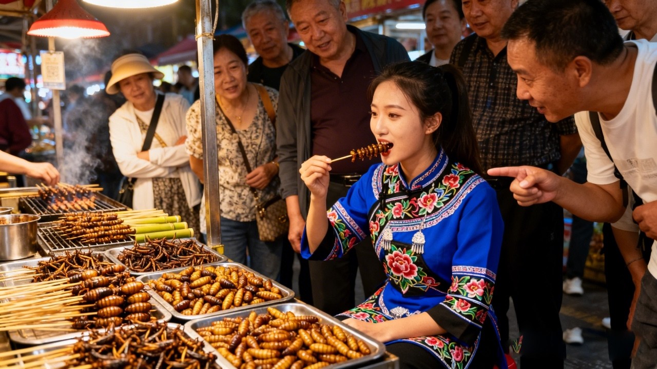 雲南特色美食挑戰「天花板」！狂吃烤柴蟲，家人們誰懂啊哈哈，這排面太誇張！【我是忐忑妞】 - YouTube