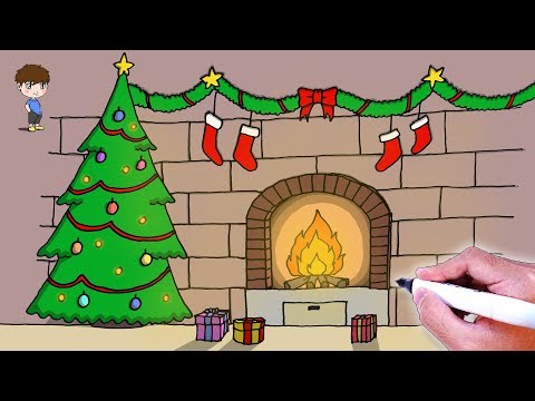 How to Draw Christmas Tree and Fireplace for Kids