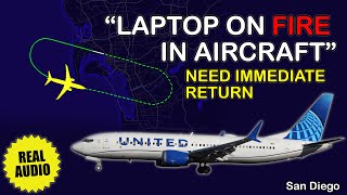 Fire on board. Laptop on fire in aircraft. United Boeing 737 MAX 8 needs immediate return. Real ATC
