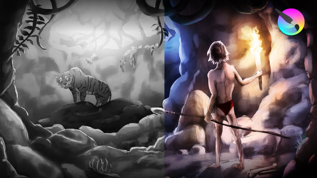 Grayscale to coloured painting made with Krita