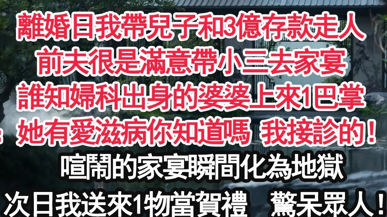 離婚日我帶兒子和3億存款走人前夫很是滿意帶小三去家宴誰知婦科出身的婆婆上來1巴掌：她有愛滋病你知道嗎 我接診的！喧鬧的家宴瞬間化為地獄次日我送來1物當賀禮  驚呆眾人！【顧亞男】【大女主】【婚姻