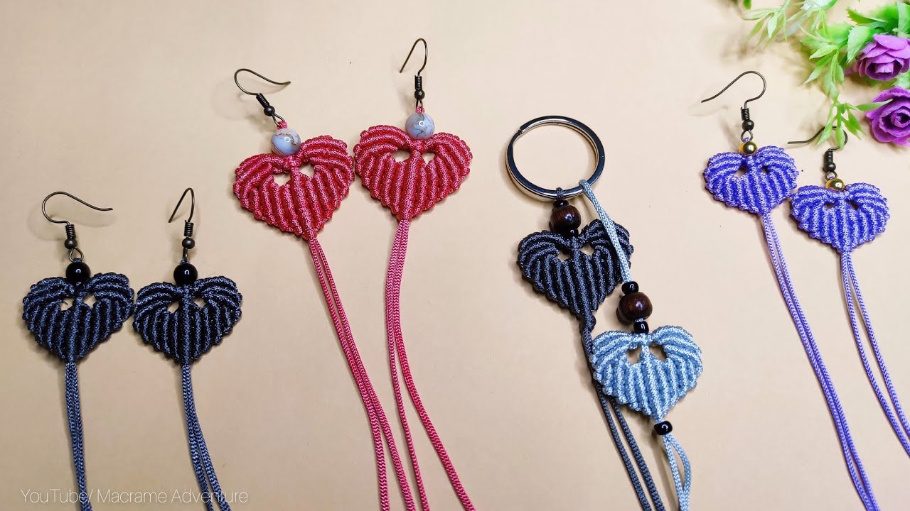 DIY Handmade Macrame Heart earrings and keychain YouTube