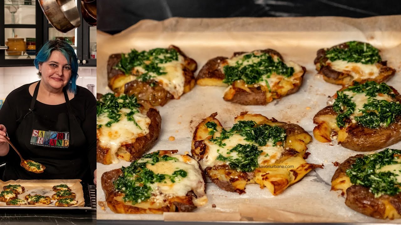 CARTOFI STRIVIȚI COPȚI cu brânză, usturoi și verdeață - la cuptor (smashed potatoes) | Savori Urbane