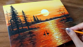 Amazing lake sunset painting/Learn Acrylic Painting for Beginners step-by-step