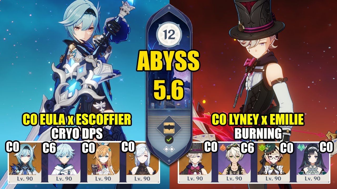 C0 Eula Escoffier Cryo DPS & C0 Lyney Emilie Burning | Spiral Abyss 5.6 | Genshin Impact 【原神】