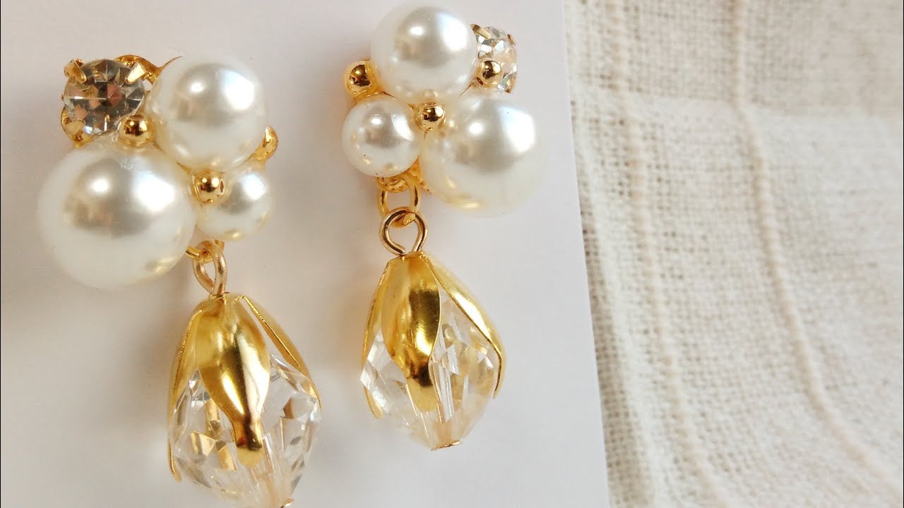 ♡ハンドメイド♡ビジューピアスorイヤリング№360レジン UVレジン】簡単♡パールとビジューの上品ピアス 作り方 - YouTube