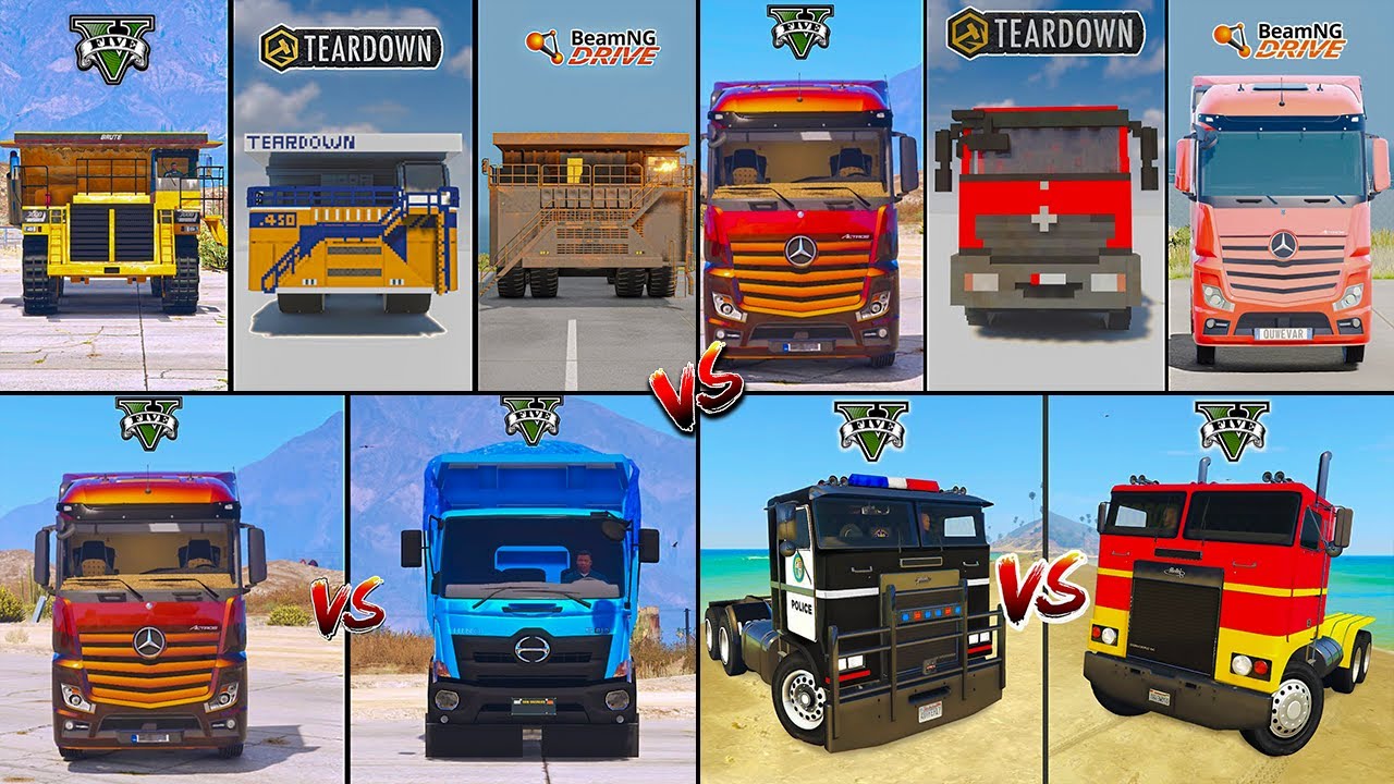 Гигантский самосвал против полицейской погони против Hino против грузовика Actros в разборке прот...