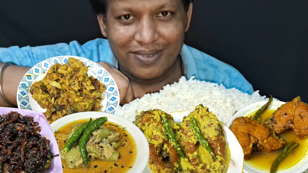 Eating 1 kg rice with posto fish curry, macher tel vaja, jhinga posto, macher jhal, bengali eating