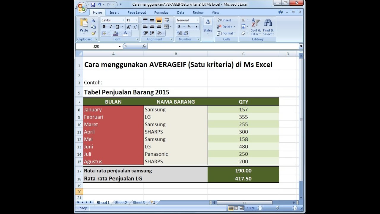 Excel 2007 Tutorial Cara Menghitung Rata Rata Dengan Kriteria Menggunakan Average If Youtube