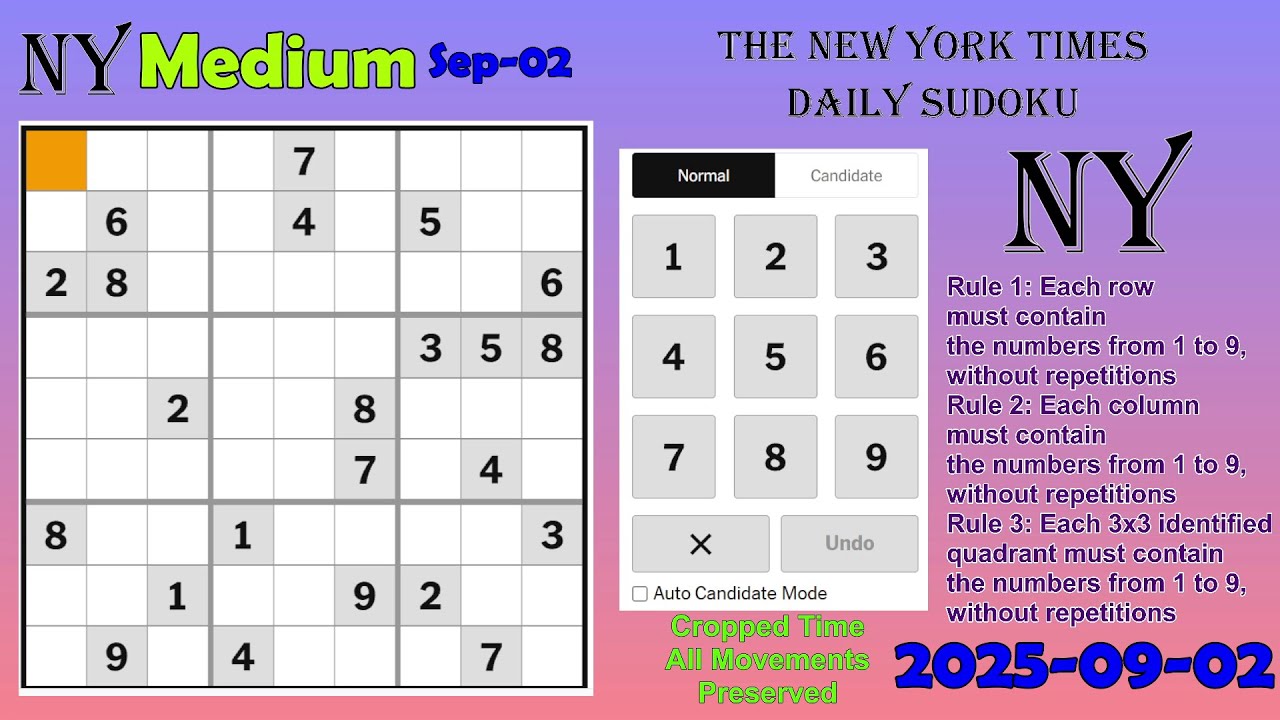 The New York Times Daily Sudoku 2025-09-02 Medium - YouTube