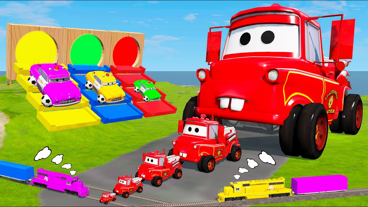 Big & Small: Rescue Squad Mater vs Long Slide Game with Trains vs Portal Trap | BeamNG.Drive #52