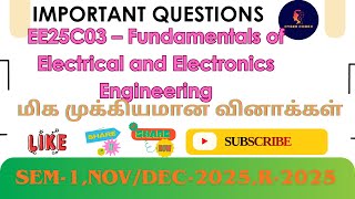 ⚡ EE25C03–Fundamentals of Electrical and Electronics Engineering  Unitwise Important questions|Sem 1