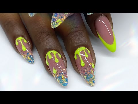 Watch Me Work: Glitter Ombre Nails | Neon Summer Slime Drip Nail Art | French Tip Nails