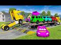 Double Flatbed Trailer Truck vs Speedbumps McQueen Train vs Cars | Tractor vs Train Beamng.Drive #46