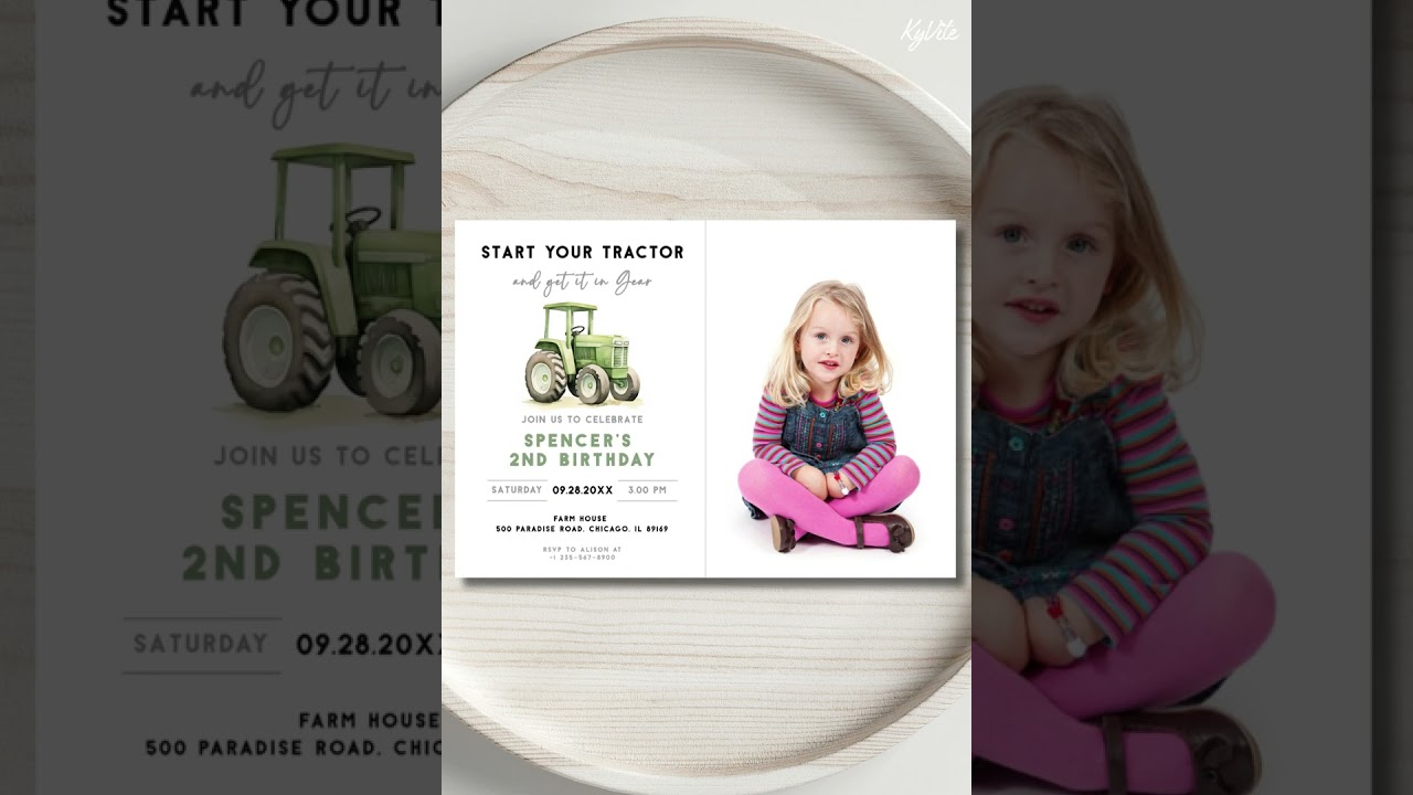 Editable Green Tractor Photo Birthday Invitation Minimalist Tractor Theme Modern Birthday Invite