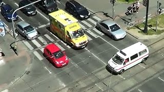 2 ambulances responding & meet at intersection in Prague (aerial view) [CZ | 6.2014]