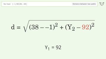 Find the distance between two points p1 (-1,92) and p2 (38,-68): Step-by-Step Video Solution