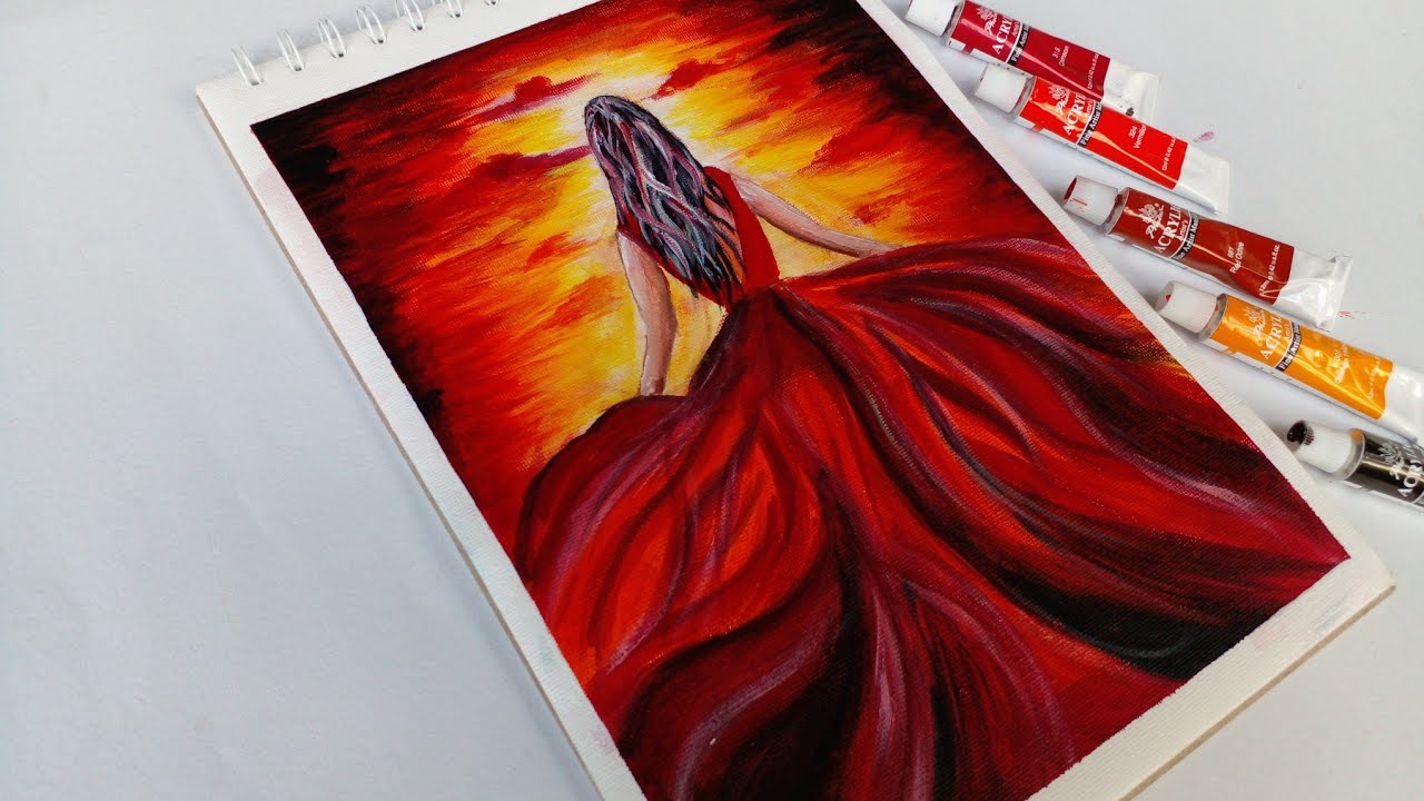 How to draw a red dress sunset acrylic painting / gril painting / step by step