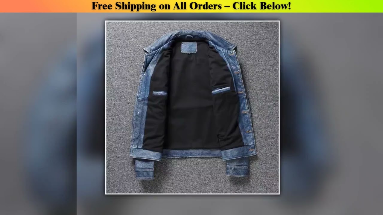 Men's Motorcycle Leather Jacket Light Blue Ami Khaki Retro Graphite Distressed Denim Genuine