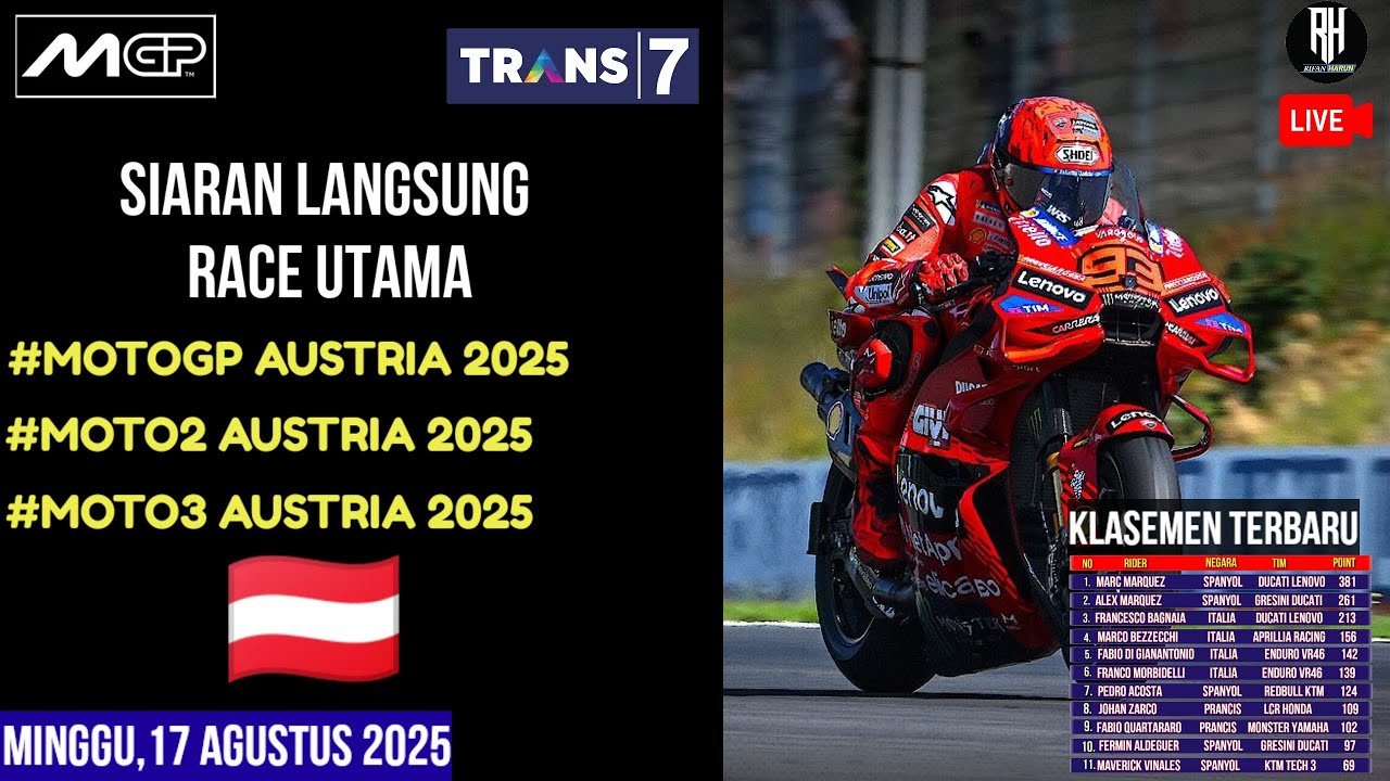 Jadwal Race Motogp Austria 2025 Hari ini~Siaran Langsung Race Gp ...