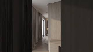 Kamar tidur dengan ruang kerja dan walk-in closet yang menyatu.