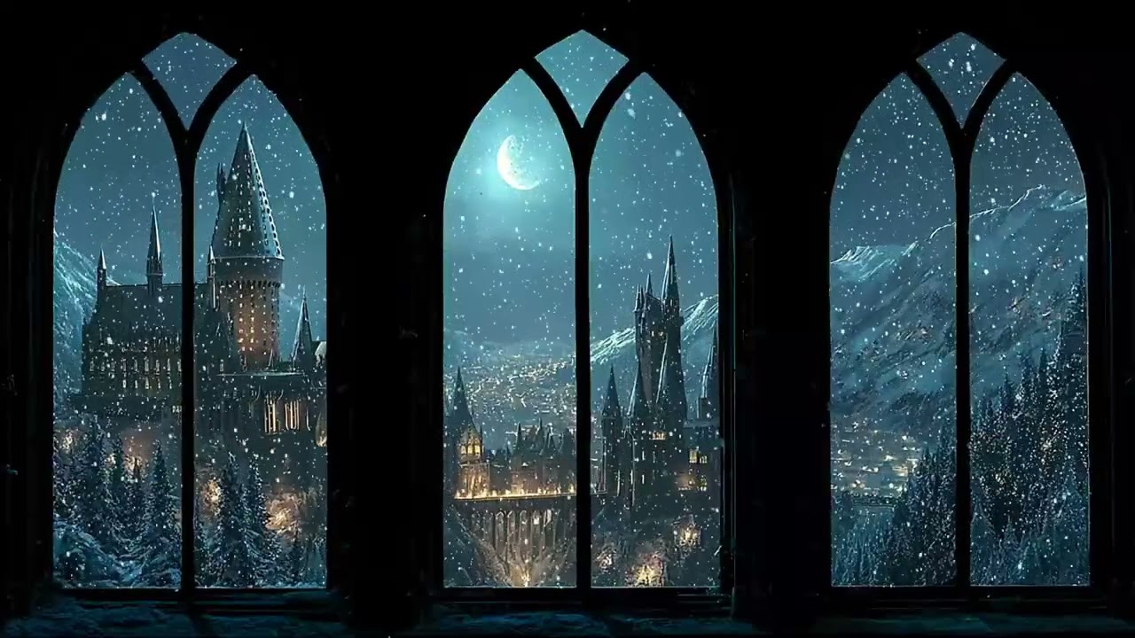 Enchanted Hogwarts Winter View 4K ❄️ Snowstorm Sounds for Calm Study & Rest