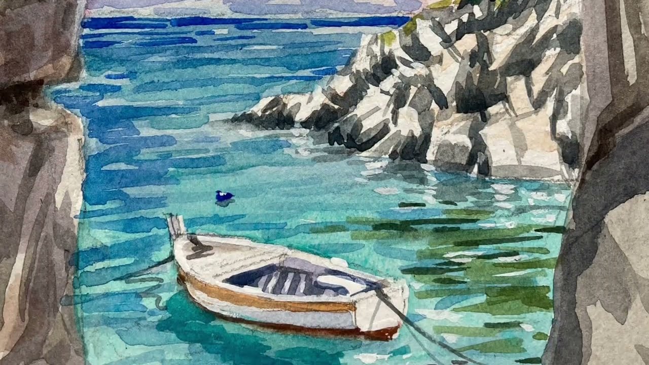 Pleasant little watercolor painting of rowboat viewed through an old stone window.