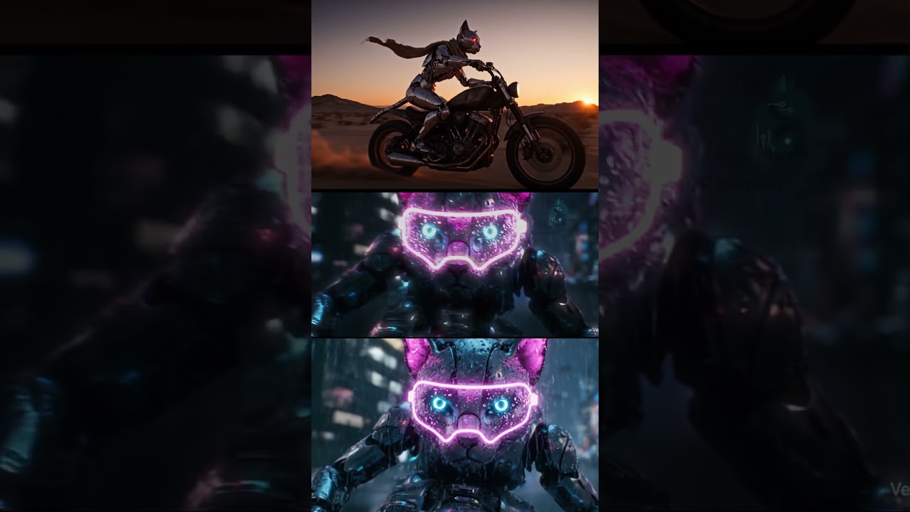 A robotic cat is riding a motorcycle 