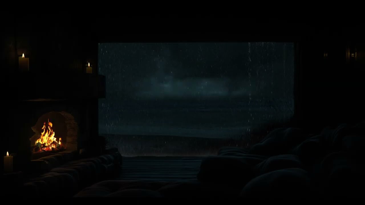 Rain-Drenched Midnight Lounge 🌧️ | Cinematic Fireplace Ambience for Deep Sleep & Calm